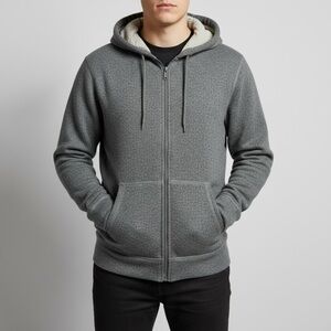 Men's Zip-Up Gray Sherpa Sweater Cotton Blend Hooded‎ Cozy Warm size Medium